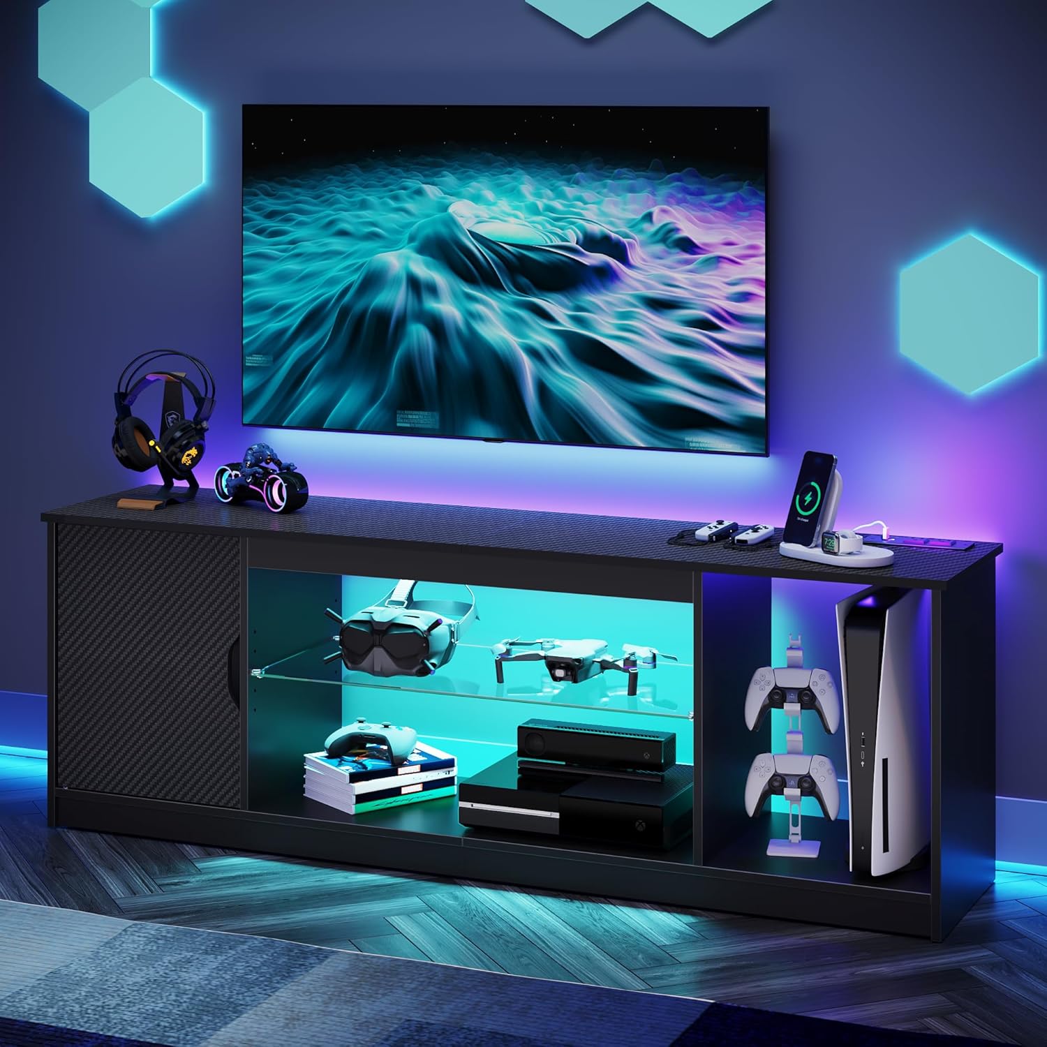 Gaming Console Room - حامل تلفزيون مع منافذ طاقة، وحدة
